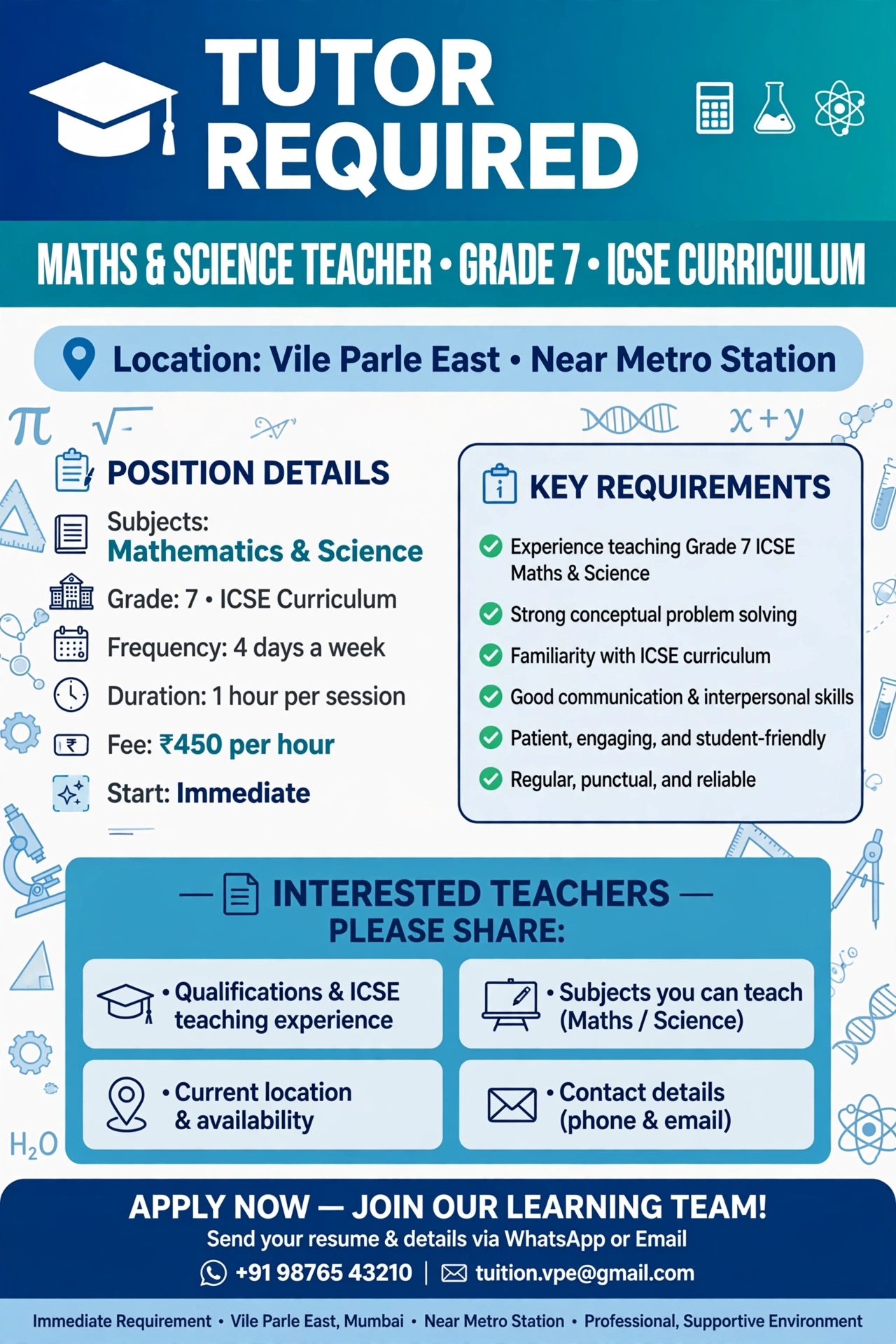 Maths , science teacher 