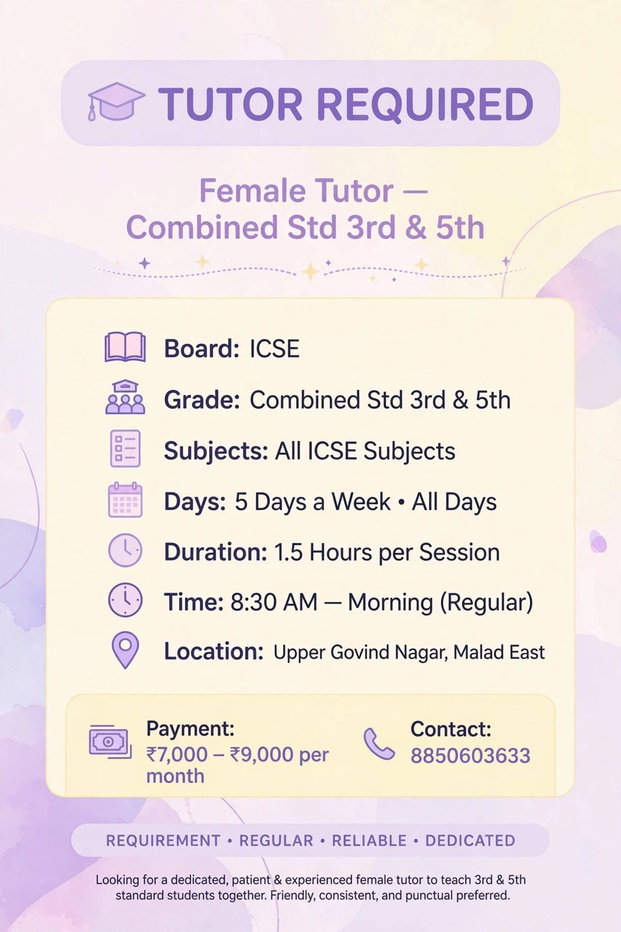 Female tutor required